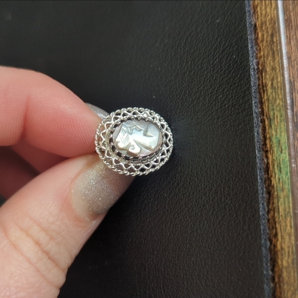 Gorgeous Ornate Sterling Silver Abalone Shell Cameo Pendant Pin Clip Earring Set - Picture 4 of 7